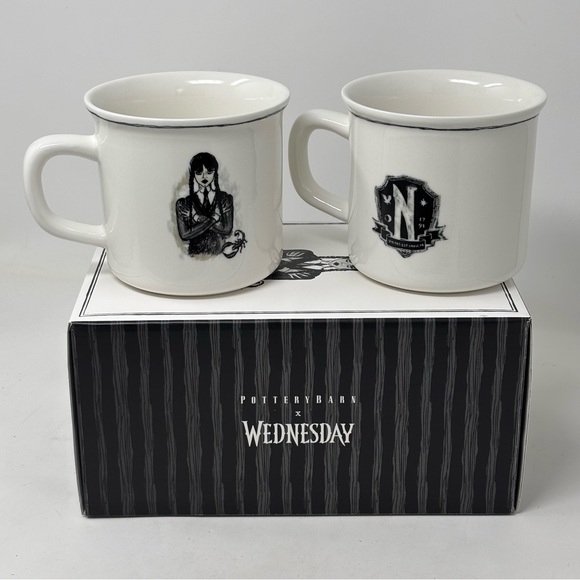 Pottery Barn Other - Pottery Barn Wednesday Addams Stoneware Decal Mugs NEW IN BOX Halloween